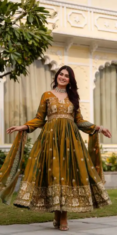 RR 38 Mustered Fendy Satin Gown Perfect for Wedding, Party, Pongal, Makar Sankranti, Ganesh Chaturthi – . Available at ₹2649 only. Delivery 4-6 Wor | Gowns, Bollywood Gowns, Creative Gowns, Designer Gowns, Embroidered Gowns, Party Wear Gowns