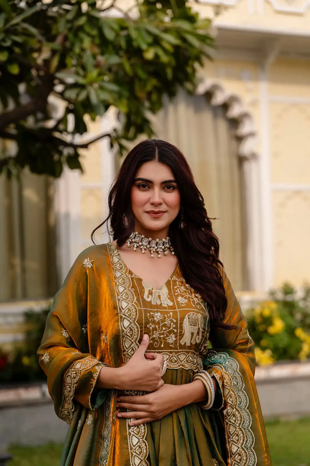 RR 38 Mustered Fendy Satin Gown Perfect for Wedding, Party, Pongal, Makar Sankranti, Ganesh Chaturthi – . Available at ₹2649 only. Delivery 4-6 Wor | Gowns, Bollywood Gowns, Creative Gowns, Designer Gowns, Embroidered Gowns, Party Wear Gowns