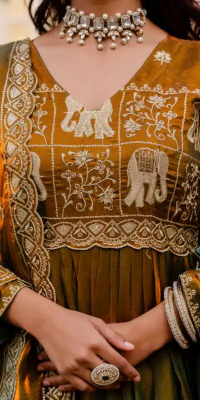 RR 38 Mustered Fendy Satin Gown Perfect for Wedding, Party, Pongal, Makar Sankranti, Ganesh Chaturthi – . Available at ₹2649 only. Delivery 4-6 Wor | Gowns, Bollywood Gowns, Creative Gowns, Designer Gowns, Embroidered Gowns, Party Wear Gowns