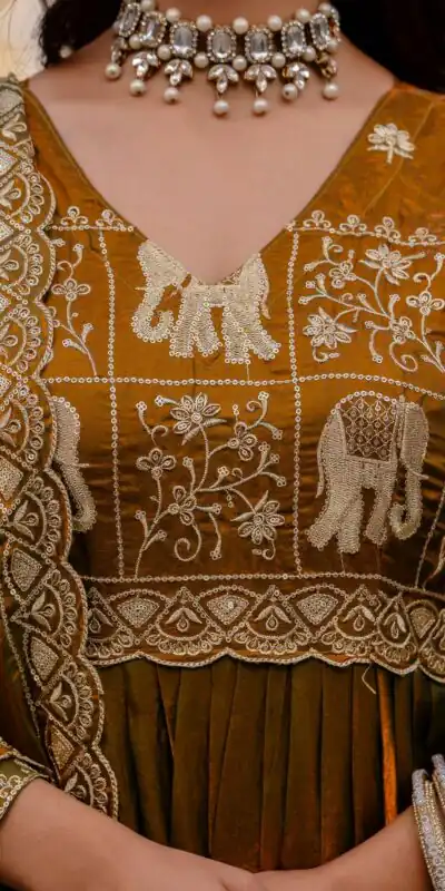 RR 38 Mustered Fendy Satin Gown Perfect for Wedding, Party, Pongal, Makar Sankranti, Ganesh Chaturthi – . Available at ₹2649 only. Delivery 4-6 Wor | Gowns, Bollywood Gowns, Creative Gowns, Designer Gowns, Embroidered Gowns, Party Wear Gowns