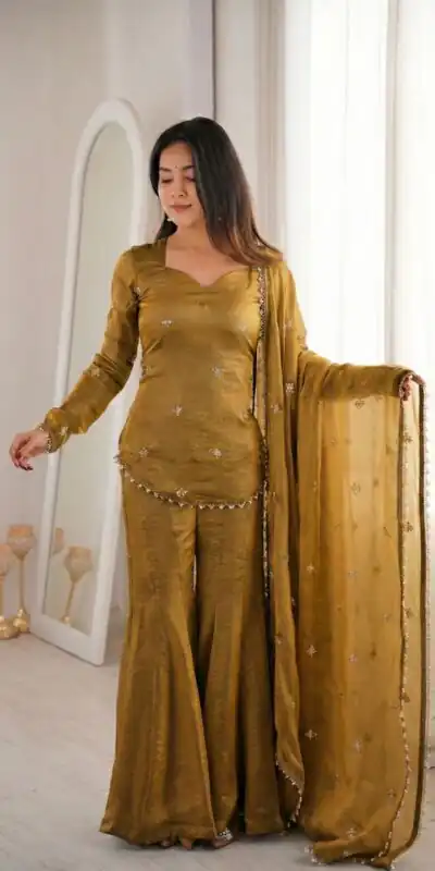 ZSR 3159 Mustered Fendy Silk Salwar Suitwith Embroidery Work & Lace Work. Now at just ₹2049. Delivery 4-6 Working Days. Shop now. | Jump Suits, Salwar suit, Designer Suits, Casual Suits, Creative suits, Palazzo Suits, Party Wear Suits, Patiala Suits, Straight Suits