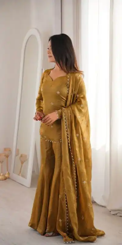 ZSR 3159 Mustered Fendy Silk Salwar Suitwith Embroidery Work & Lace Work. Now at just ₹2049. Delivery 4-6 Working Days. Shop now. | Jump Suits, Salwar suit, Designer Suits, Casual Suits, Creative suits, Palazzo Suits, Party Wear Suits, Patiala Suits, Straight Suits