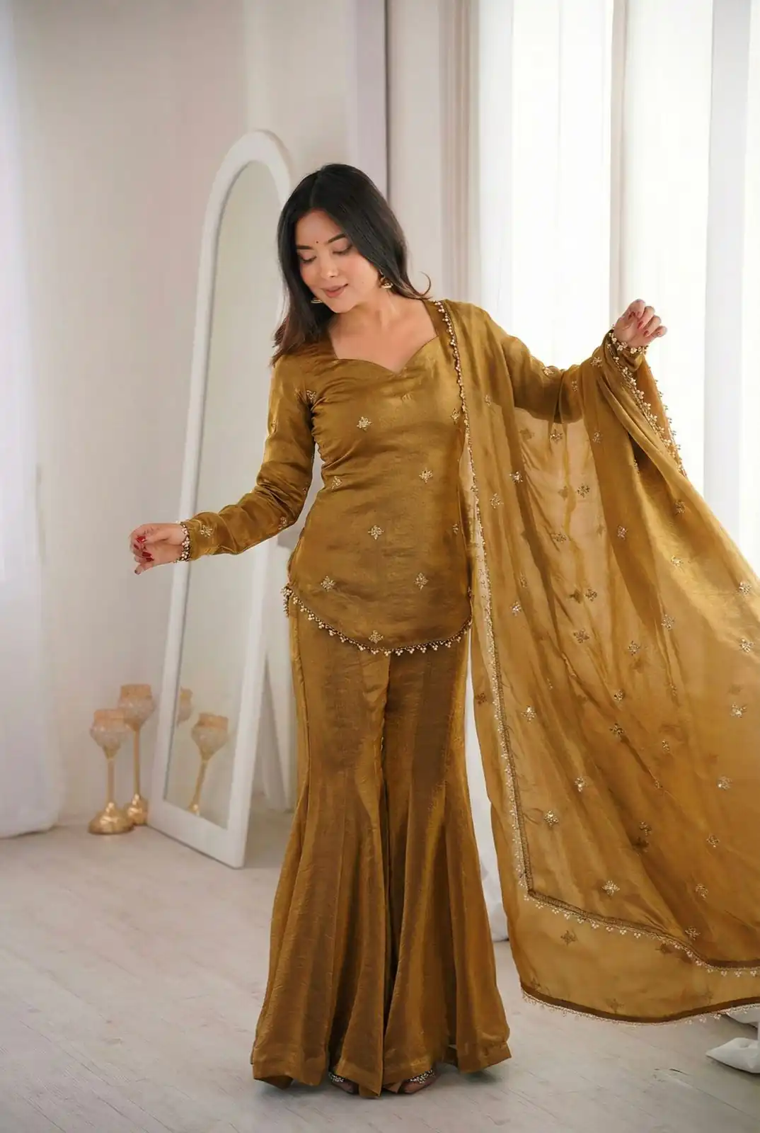 ZSR 3159 Mustered Fendy Silk Salwar Suitwith Embroidery Work & Lace Work. Now at just ₹2049. Delivery 4-6 Working Days. Shop now. | Jump Suits, Salwar suit, Designer Suits, Casual Suits, Creative suits, Palazzo Suits, Party Wear Suits, Patiala Suits, Straight Suits