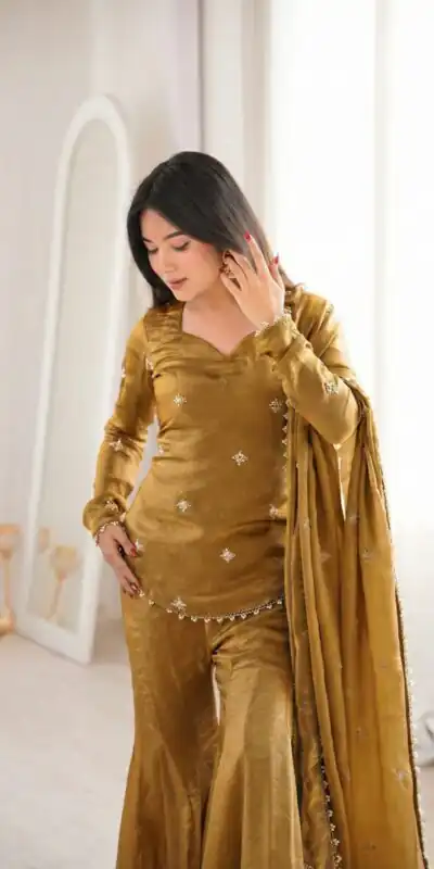 ZSR 3159 Mustered Fendy Silk Salwar Suitwith Embroidery Work & Lace Work. Now at just ₹2049. Delivery 4-6 Working Days. Shop now. | Jump Suits, Salwar suit, Designer Suits, Casual Suits, Creative suits, Palazzo Suits, Party Wear Suits, Patiala Suits, Straight Suits