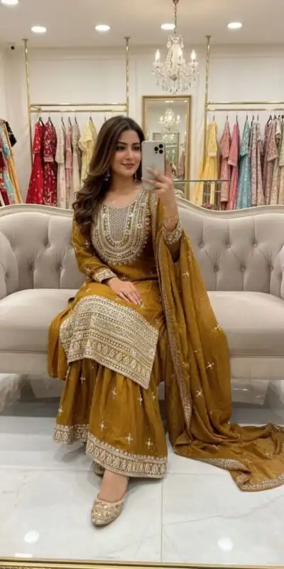 WW 1249 Mustered Fendy Silk Salwar Suit with Mirror Work & Embroidery Work. Best Price ₹2399. Delivery 4-6 Working Days. Shop now. | Jump Suits, Salwar suit, Designer Suits, Casual Suits, Creative suits, Palazzo Suits, Party Wear Suits, Patiala Suits, Straight Suits