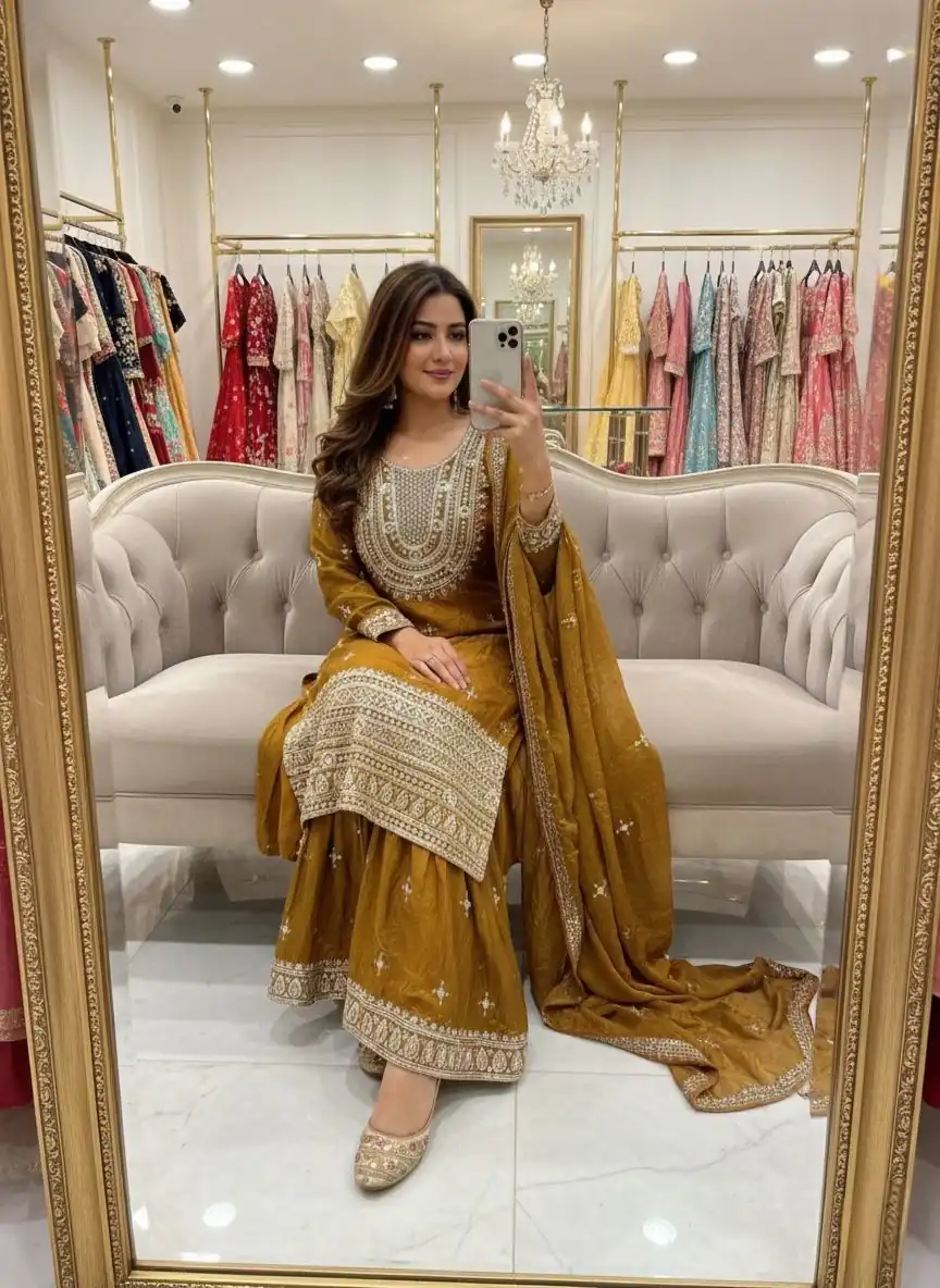 WW 1249 Mustered Fendy Silk Salwar Suit with Mirror Work & Embroidery Work. Best Price ₹2399. Delivery 4-6 Working Days. Shop now. | Jump Suits, Salwar suit, Designer Suits, Casual Suits, Creative suits, Palazzo Suits, Party Wear Suits, Patiala Suits, Straight Suits