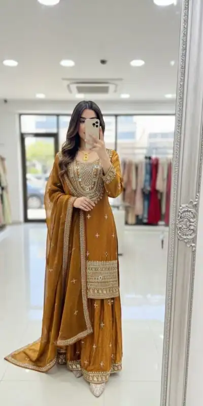 WW 1249 Mustered Fendy Silk Salwar Suit with Mirror Work & Embroidery Work. Best Price ₹2399. Delivery 4-6 Working Days. Shop now. | Jump Suits, Salwar suit, Designer Suits, Casual Suits, Creative suits, Palazzo Suits, Party Wear Suits, Patiala Suits, Straight Suits