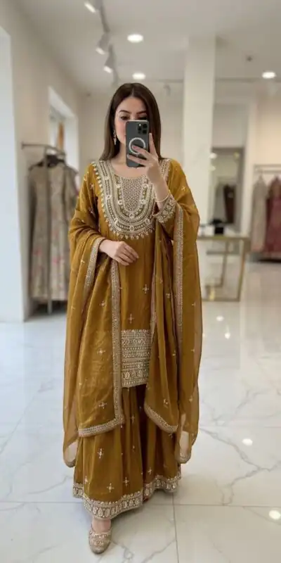 WW 1249 Mustered Fendy Silk Salwar Suit with Mirror Work & Embroidery Work. Best Price ₹2399. Delivery 4-6 Working Days. Shop now. | Jump Suits, Salwar suit, Designer Suits, Casual Suits, Creative suits, Palazzo Suits, Party Wear Suits, Patiala Suits, Straight Suits
