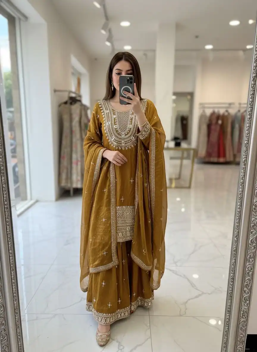 WW 1249 Mustered Fendy Silk Salwar Suit with Mirror Work & Embroidery Work. Best Price ₹2399. Delivery 4-6 Working Days. Shop now. | Jump Suits, Salwar suit, Designer Suits, Casual Suits, Creative suits, Palazzo Suits, Party Wear Suits, Patiala Suits, Straight Suits