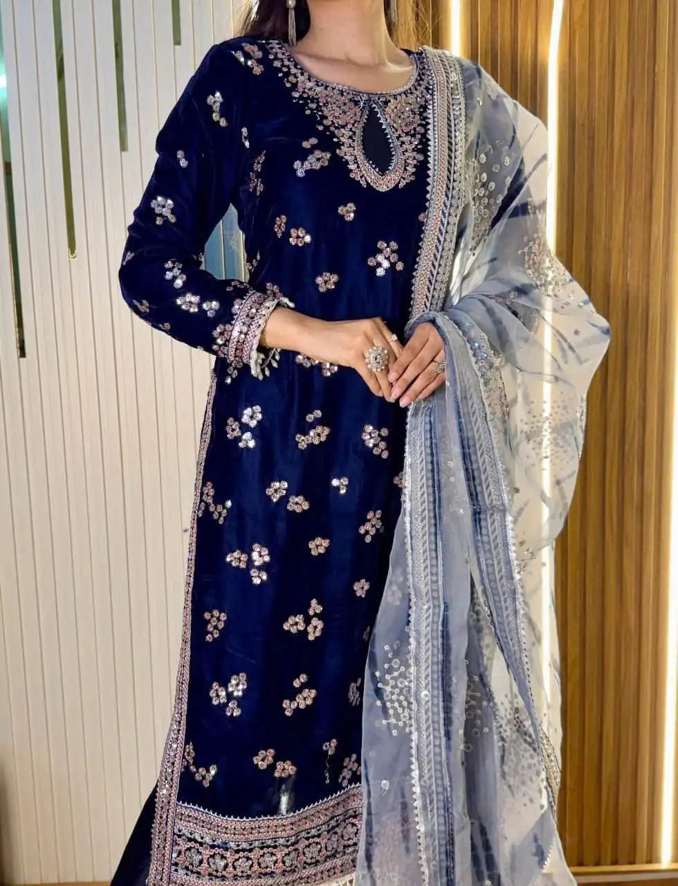 ST 1154 Navy Blue in 9000 Velvet Embroidery Work & Lace Work Salwar Suit . Now at just ₹2049. Delivery 4-6 Working Days. Shop now. | Jump Suits, Salwar suit, Designer Suits, Casual Suits, Creative suits, Palazzo Suits, Party Wear Suits, Patiala Suits, Straight Suits