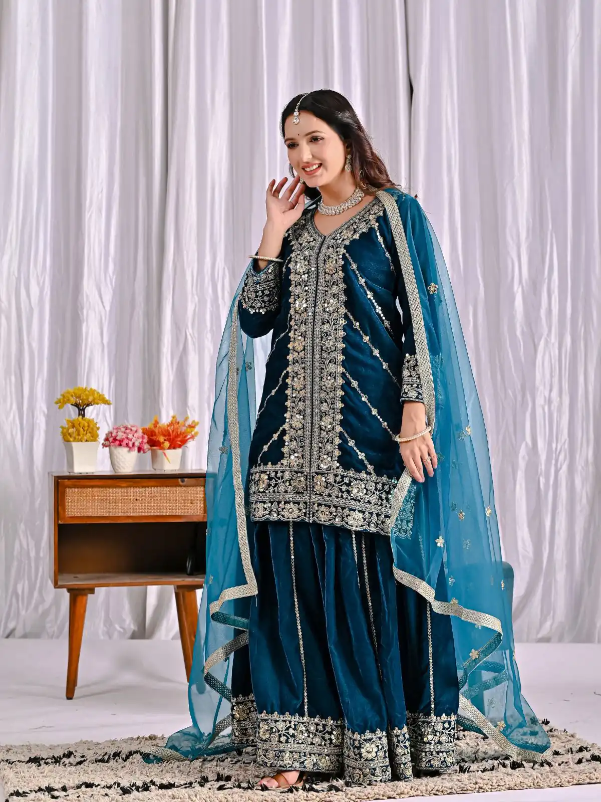 ND 5053 Navy Blue Viscous Velvet Salwar Suit with Embroidery Work. Grab it for ₹2449. Delivery 4-6 Working Days. Shop now. | Jump Suits, Salwar suit, Designer Suits, Casual Suits, Creative suits, Palazzo Suits, Party Wear Suits, Patiala Suits, Straight Suits
