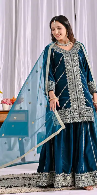 ND 5053 Navy Blue Viscous Velvet Salwar Suit with Embroidery Work. Grab it for ₹2449. Delivery 4-6 Working Days. Shop now. | Jump Suits, Salwar suit, Designer Suits, Casual Suits, Creative suits, Palazzo Suits, Party Wear Suits, Patiala Suits, Straight Suits