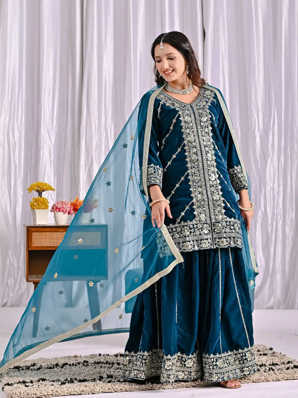 ND 5053 Navy Blue Viscous Velvet Salwar Suit with Embroidery Work. Grab it for ₹2449. Delivery 4-6 Working Days. Shop now. | Jump Suits, Salwar suit, Designer Suits, Casual Suits, Creative suits, Palazzo Suits, Party Wear Suits, Patiala Suits, Straight Suits