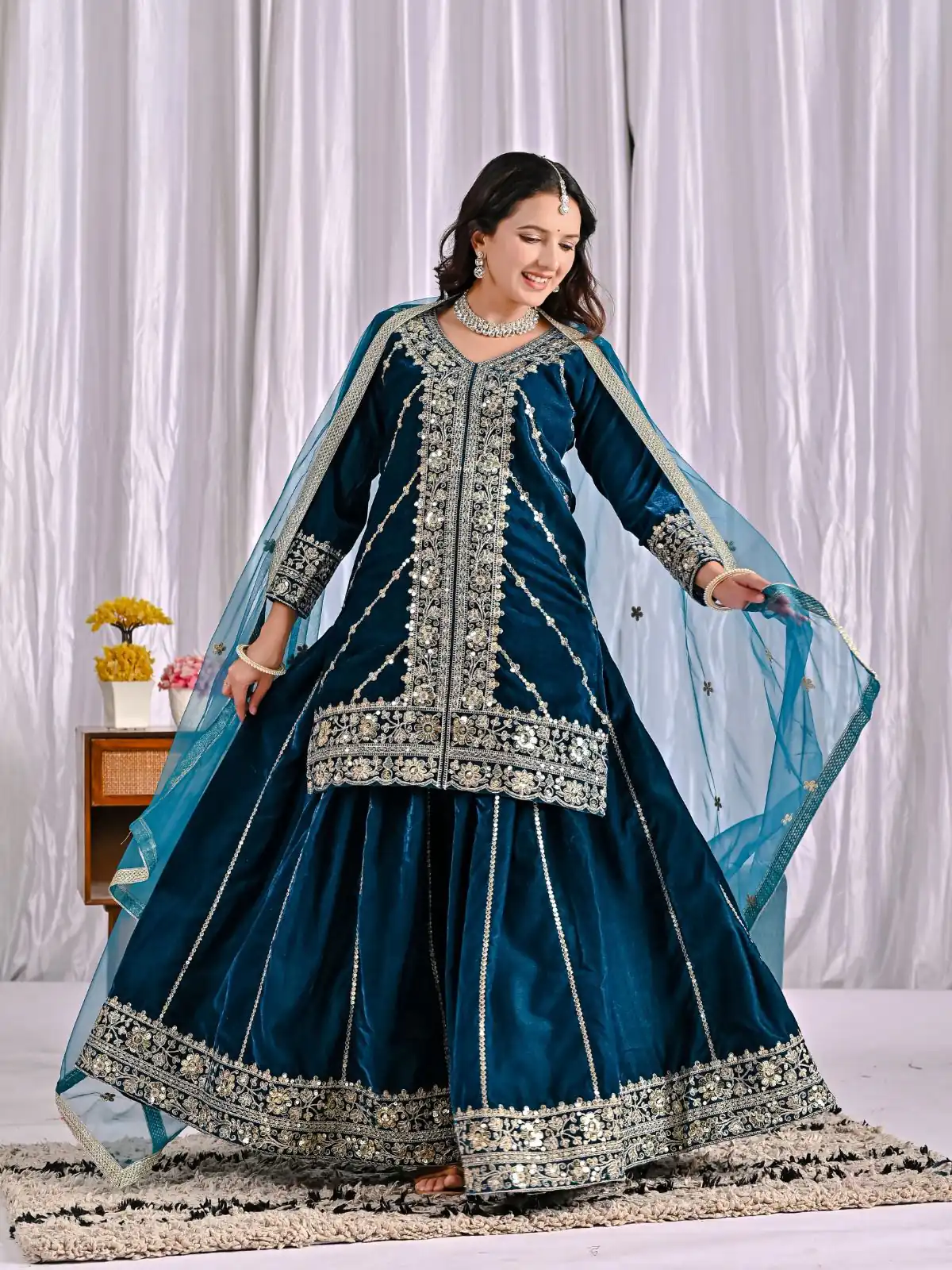ND 5053 Navy Blue Viscous Velvet Salwar Suit with Embroidery Work. Grab it for ₹2449. Delivery 4-6 Working Days. Shop now. | Jump Suits, Salwar suit, Designer Suits, Casual Suits, Creative suits, Palazzo Suits, Party Wear Suits, Patiala Suits, Straight Suits