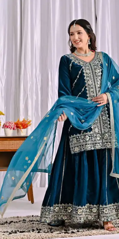 ND 5053 Navy Blue Viscous Velvet Salwar Suit with Embroidery Work. Grab it for ₹2449. Delivery 4-6 Working Days. Shop now. | Jump Suits, Salwar suit, Designer Suits, Casual Suits, Creative suits, Palazzo Suits, Party Wear Suits, Patiala Suits, Straight Suits