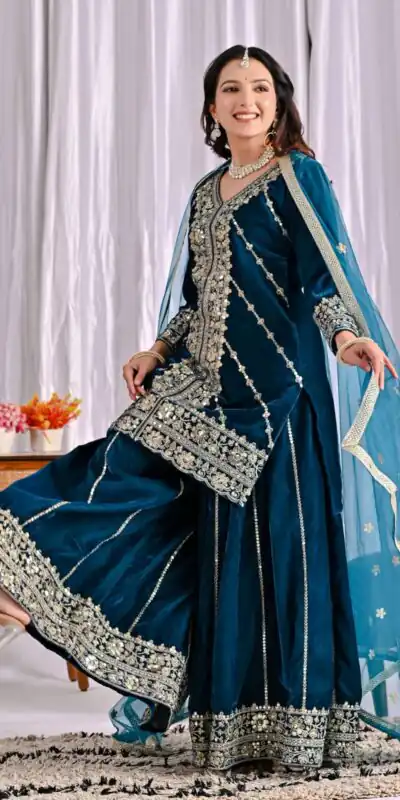ND 5053 Navy Blue Viscous Velvet Salwar Suit with Embroidery Work. Grab it for ₹2449. Delivery 4-6 Working Days. Shop now. | Jump Suits, Salwar suit, Designer Suits, Casual Suits, Creative suits, Palazzo Suits, Party Wear Suits, Patiala Suits, Straight Suits