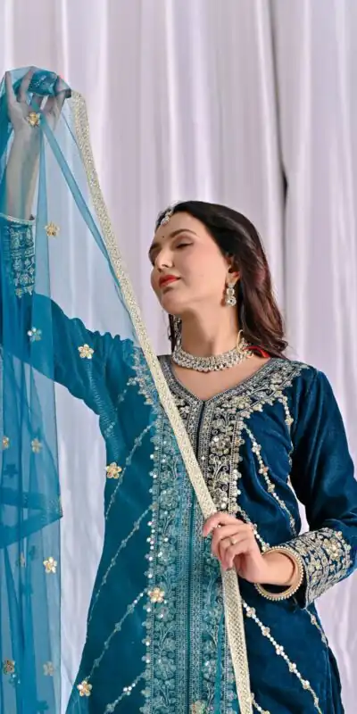 ND 5053 Navy Blue Viscous Velvet Salwar Suit with Embroidery Work. Grab it for ₹2449. Delivery 4-6 Working Days. Shop now. | Jump Suits, Salwar suit, Designer Suits, Casual Suits, Creative suits, Palazzo Suits, Party Wear Suits, Patiala Suits, Straight Suits