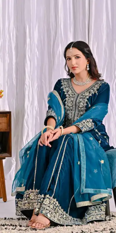 ND 5053 Navy Blue Viscous Velvet Salwar Suit with Embroidery Work. Grab it for ₹2449. Delivery 4-6 Working Days. Shop now. | Jump Suits, Salwar suit, Designer Suits, Casual Suits, Creative suits, Palazzo Suits, Party Wear Suits, Patiala Suits, Straight Suits