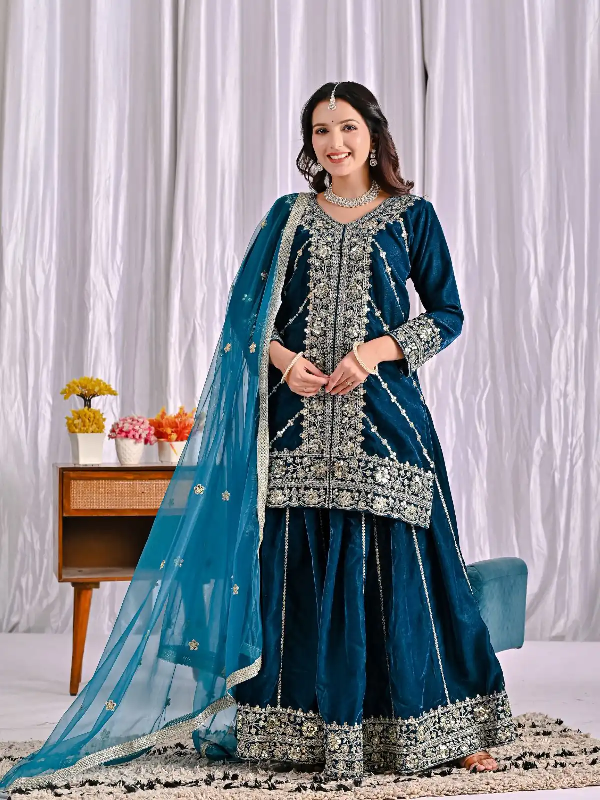 ND 5053 Navy Blue Viscous Velvet Salwar Suit with Embroidery Work. Grab it for ₹2449. Delivery 4-6 Working Days. Shop now. | Jump Suits, Salwar suit, Designer Suits, Casual Suits, Creative suits, Palazzo Suits, Party Wear Suits, Patiala Suits, Straight Suits