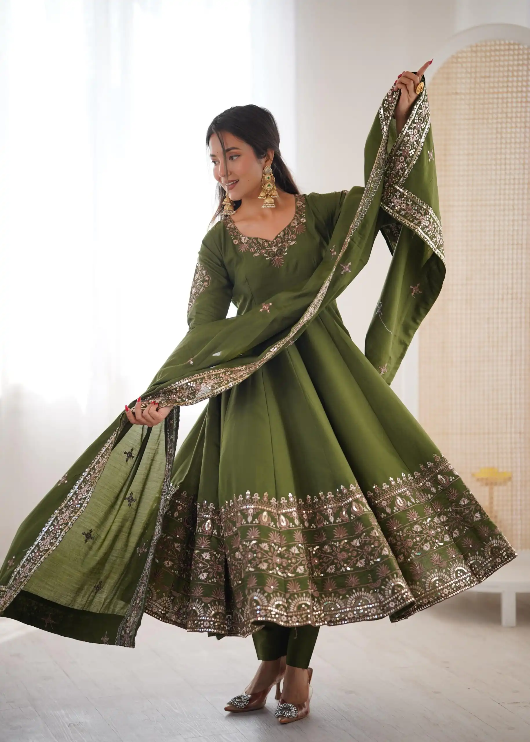 ZF 5016 Mehendi Roman Silk Gown with Embroidery Work. Wedding, Party, Festive, Events, Navratri, Exclusive Offer ₹2499. Delivery 4-6 Working Days. Shop now. | Gowns, Bollywood Gowns, Creative Gowns, Designer Gowns, Embroidered Gowns, Party Wear Gowns