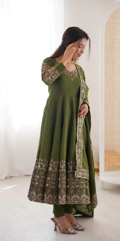 ZF 5016 Mehendi Roman Silk Gown with Embroidery Work. Wedding, Party, Festive, Events, Navratri, Exclusive Offer ₹2499. Delivery 4-6 Working Days. Shop now. | Gowns, Bollywood Gowns, Creative Gowns, Designer Gowns, Embroidered Gowns, Party Wear Gowns