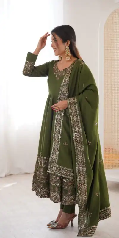 ZF 5016 Mehendi Roman Silk Gown with Embroidery Work. Wedding, Party, Festive, Events, Navratri, Exclusive Offer ₹2499. Delivery 4-6 Working Days. Shop now. | Gowns, Bollywood Gowns, Creative Gowns, Designer Gowns, Embroidered Gowns, Party Wear Gowns