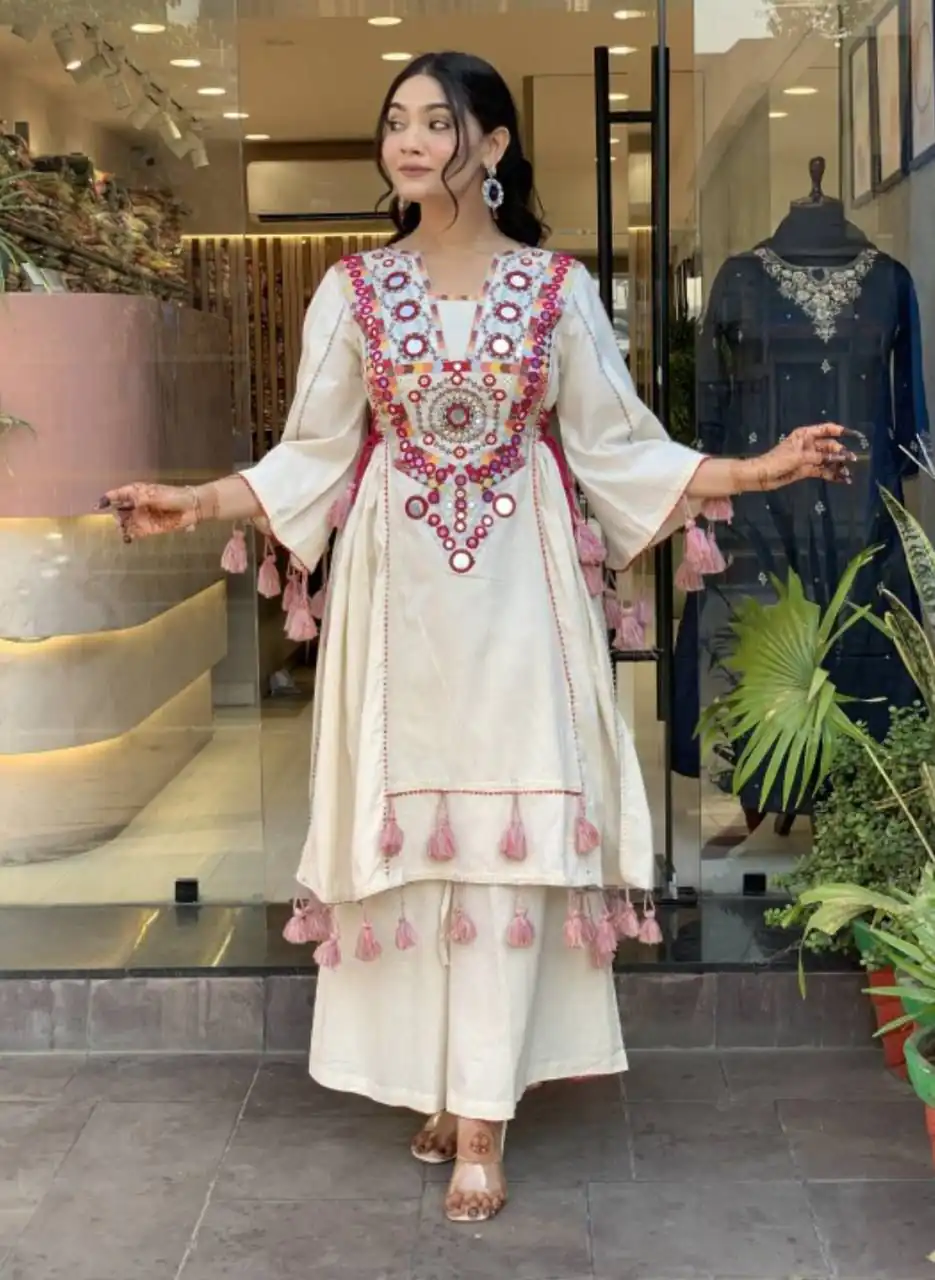 MF 912 Off White in Rayon Cotton Embroidery & Mirror Work Salwar Suit . Introductory Price ₹1899. Delivery 4-6 Working Days. Shop now. | Jump Suits, Salwar suit, Designer Suits, Casual Suits, Creative suits, Palazzo Suits, Party Wear Suits, Patiala Suits, Straight Suits
