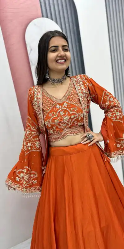 PC 565 Orange Color Chinon silk Lehenga Choli with Cut Work. Special Online Price ₹3049. Delivery 4-6 Working Days. Shop now. | Lehenga, Bollywood Lehenga, Creative Lehenga, Designer Lehenga, Embroidered Lehenga, Party Wear Lehenga