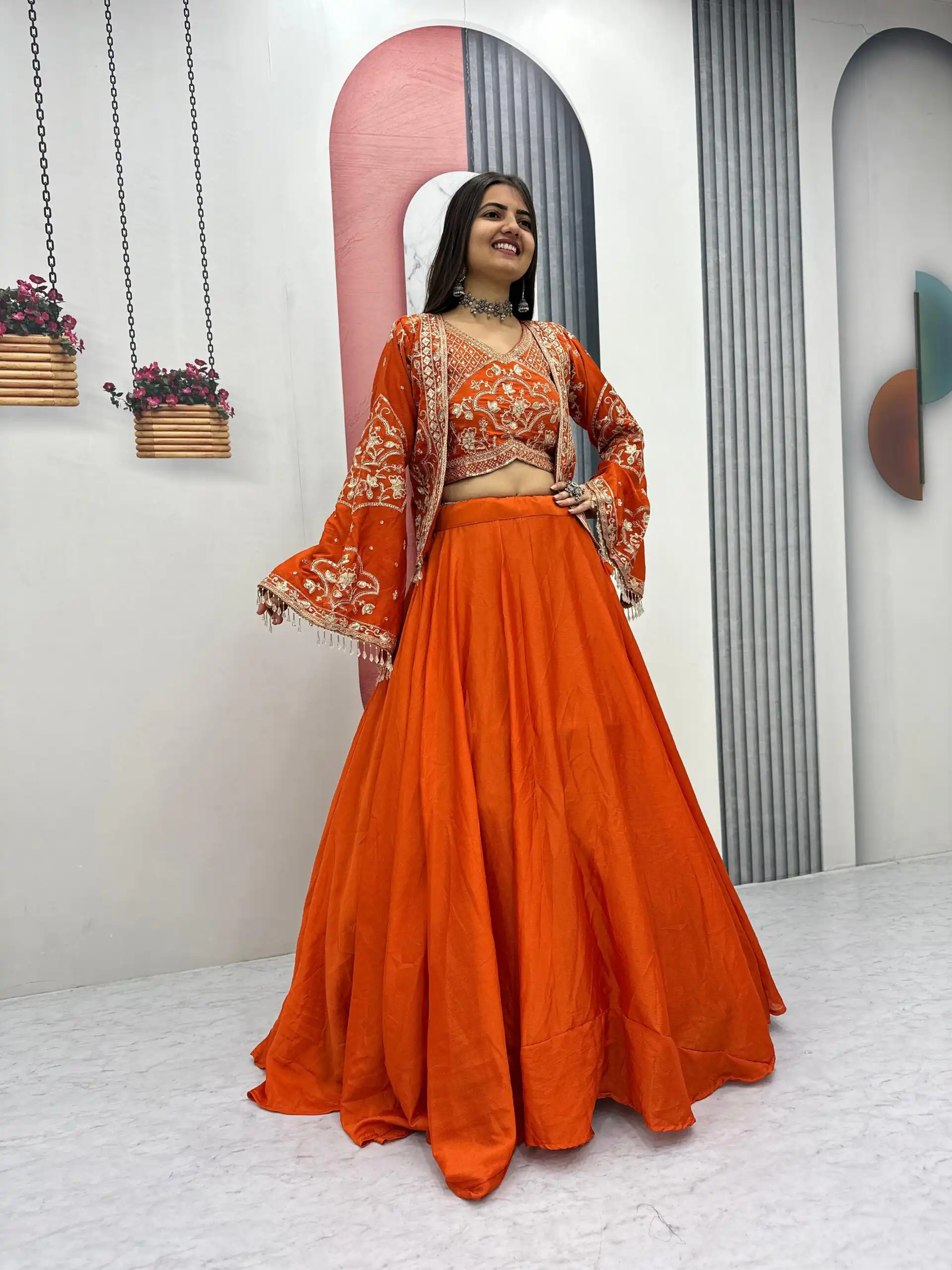 PC 565 Orange Color Chinon silk Lehenga Choli with Cut Work. Special Online Price ₹3049. Delivery 4-6 Working Days. Shop now. | Lehenga, Bollywood Lehenga, Creative Lehenga, Designer Lehenga, Embroidered Lehenga, Party Wear Lehenga