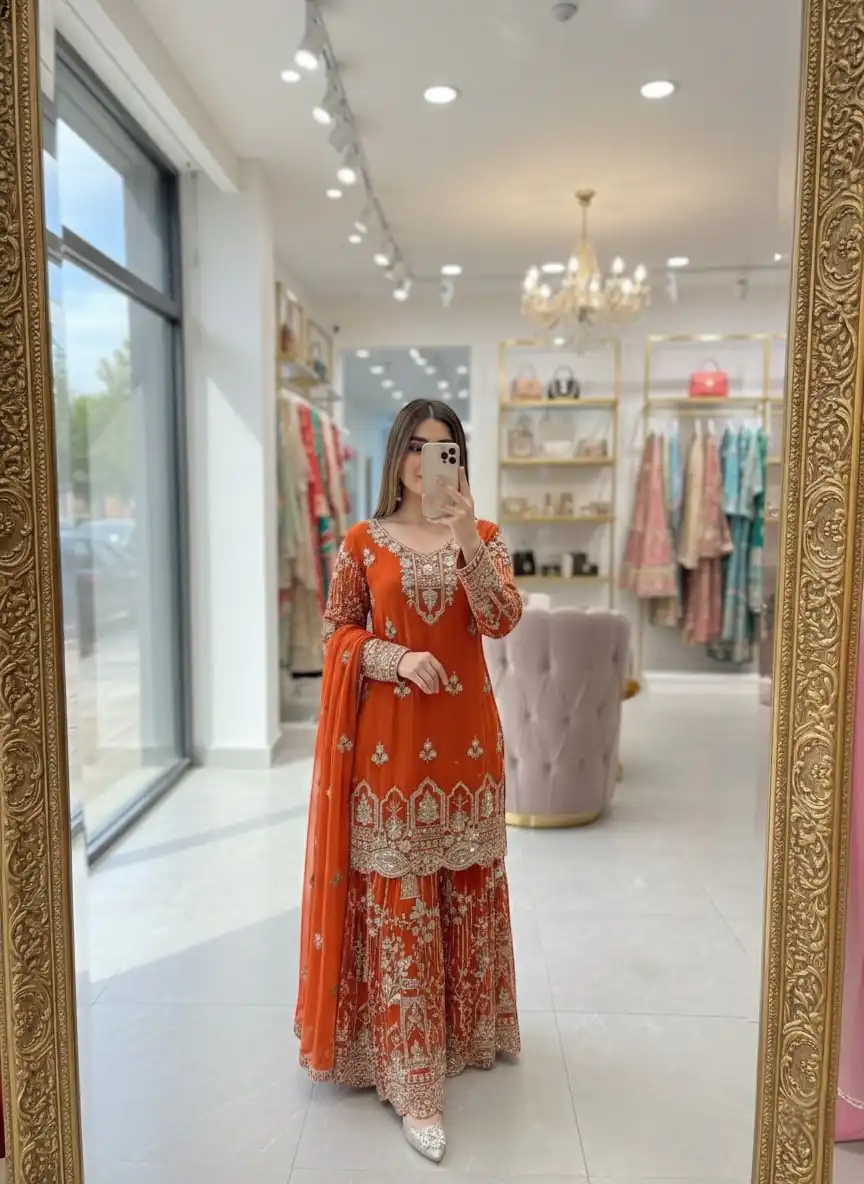WW 1250 Orange Faux Georgette With 5 mm Sequence Work Salwar Suit Wedding, Party, Festive, Events Etc. Expected Delivery 4-6 Working Days @2399/- | Jump Suits, Salwar suit, Designer Suits, Casual Suits, Creative suits, Palazzo Suits, Party Wear Suits, Patiala Suits, Straight Suits