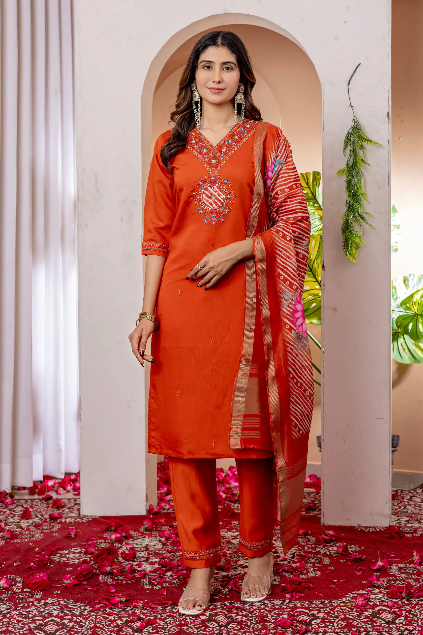 DIVA 112 Orange Marina Silk Salwar Suit with Embroidery Work. Introductory Price ₹1999. Delivery 4-6 Working Days. Shop now. | Jump Suits, Salwar suit, Designer Suits, Casual Suits, Creative suits, Palazzo Suits, Party Wear Suits, Patiala Suits, Straight Suits