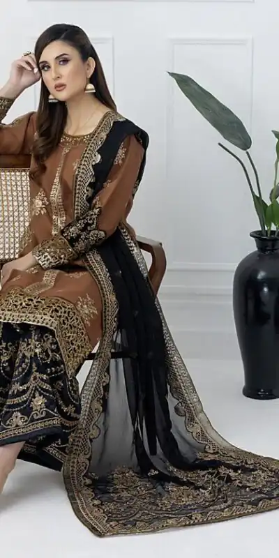 Orange Nylon Twil Net Embroidery Work Salwar Suit