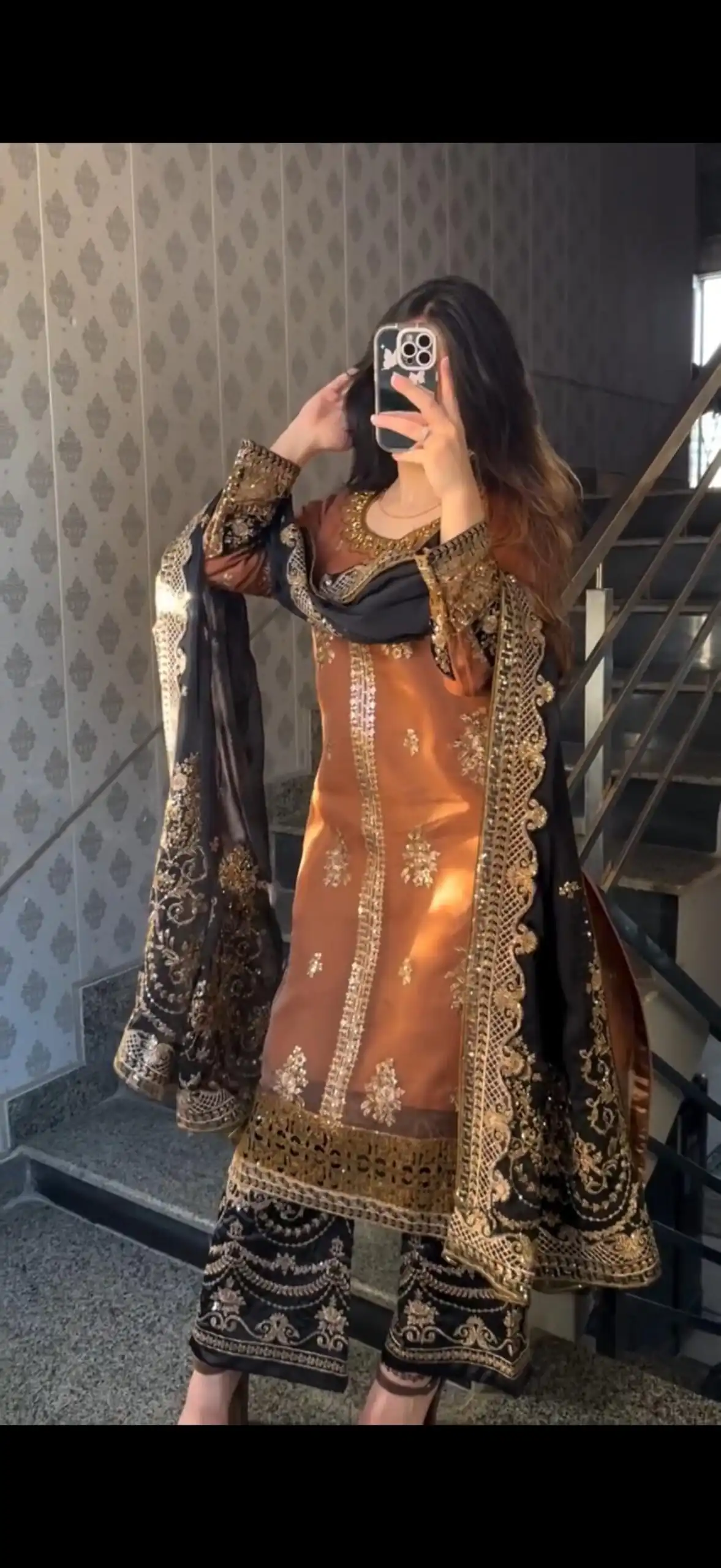 Orange Nylon Twil Net Embroidery Work Salwar Suit - Image 9