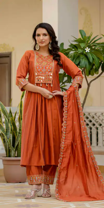 Orange Viscose Roman Silk Mirror Work Anarkali Suit