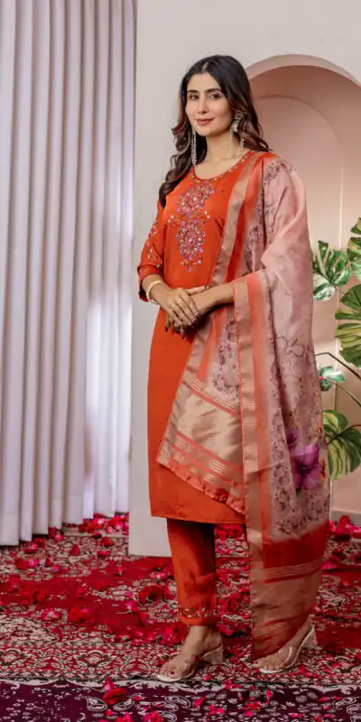 DIVA 111 Orange Viscose Silk Salwar Suit with Thread Embroidery Work. Best Price ₹2049. Delivery 4-6 Working Days. Shop now. | Jump Suits, Straight Suits, Salwar suit, Designer Suits, Casual Suits, Creative suits, Palazzo Suits, Party Wear Suits, Patiala Suits