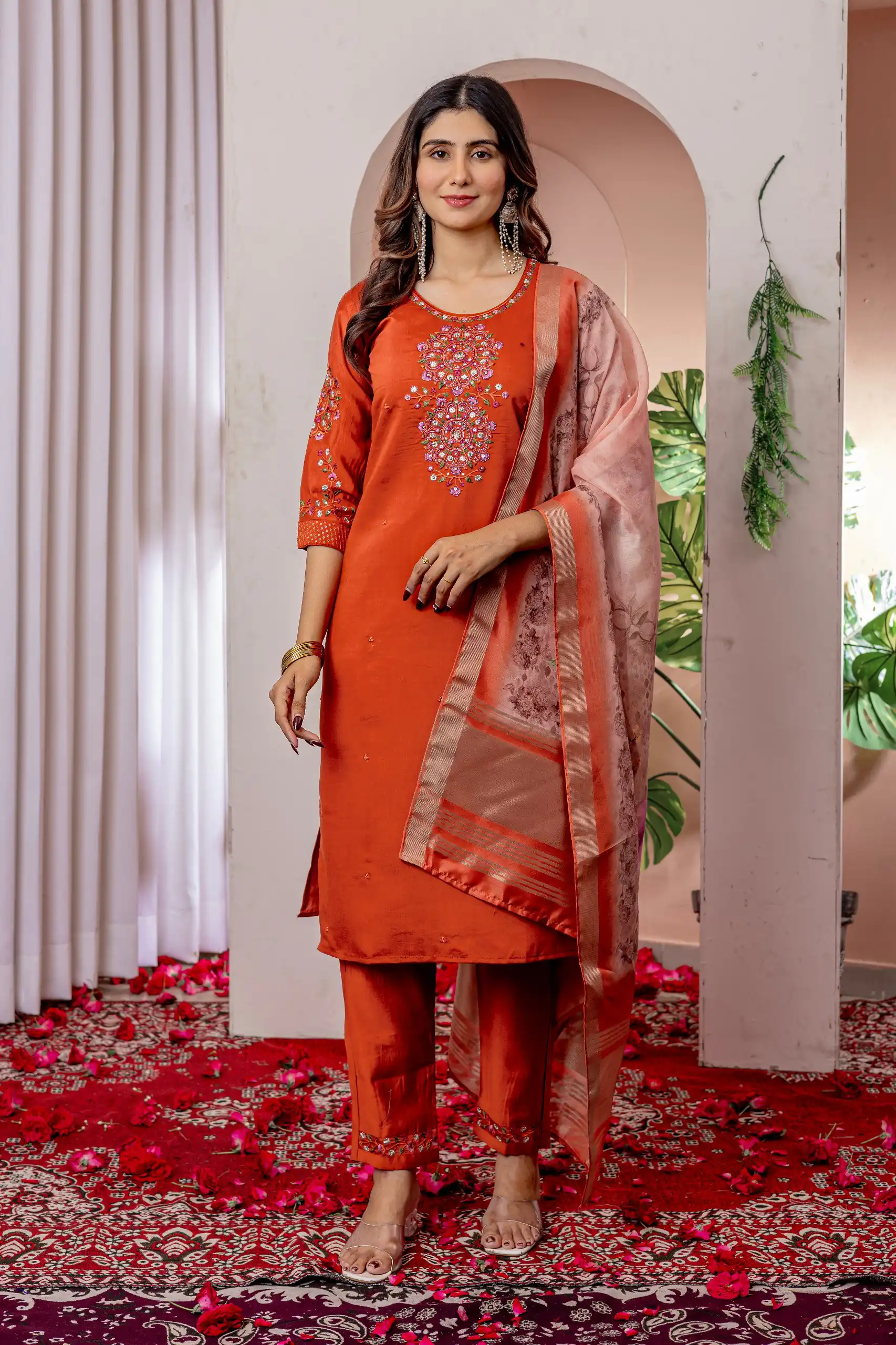 DIVA 111 Orange Viscose Silk Salwar Suit with Thread Embroidery Work. Best Price ₹2049. Delivery 4-6 Working Days. Shop now. | Jump Suits, Straight Suits, Salwar suit, Designer Suits, Casual Suits, Creative suits, Palazzo Suits, Party Wear Suits, Patiala Suits