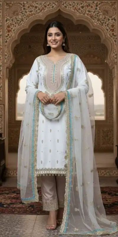 LG 2068 Off White Crape Silk Salwar Suit Perfect for Wedding, Party, Onam, Reception, Housewarming – . Grab it for ₹1999. Delivery 4-6 Working Day | Jump Suits, Salwar suit, Designer Suits, Casual Suits, Creative suits, Palazzo Suits, Party Wear Suits, Patiala Suits, Straight Suits