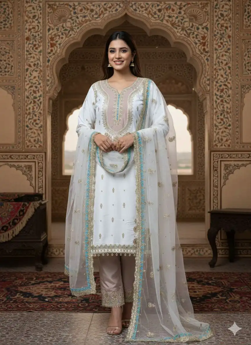 LG 2068 Off White Crape Silk Salwar Suit Perfect for Wedding, Party, Onam, Reception, Housewarming – . Grab it for ₹1999. Delivery 4-6 Working Day | Jump Suits, Salwar suit, Designer Suits, Casual Suits, Creative suits, Palazzo Suits, Party Wear Suits, Patiala Suits, Straight Suits