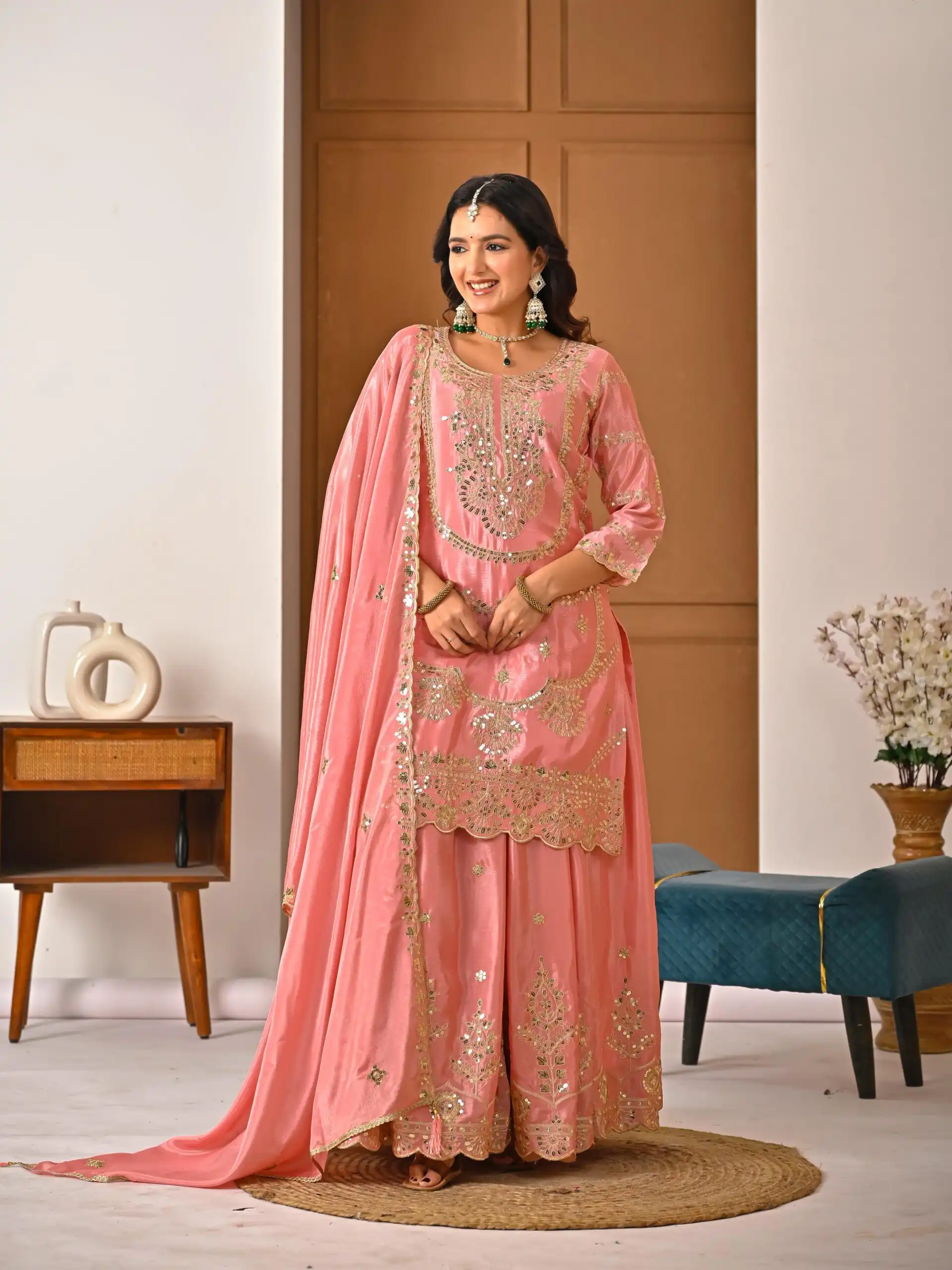 ND 5033 Peach Chinon Silk Salwar Suit with Embroidery Work & Lace Work. Affordable Price ₹2149. Delivery 4-6 Working Days. Shop now. | Jump Suits, Straight Suits, Salwar suit, Designer Suits, Casual Suits, Creative suits, Palazzo Suits, Party Wear Suits, Patiala Suits