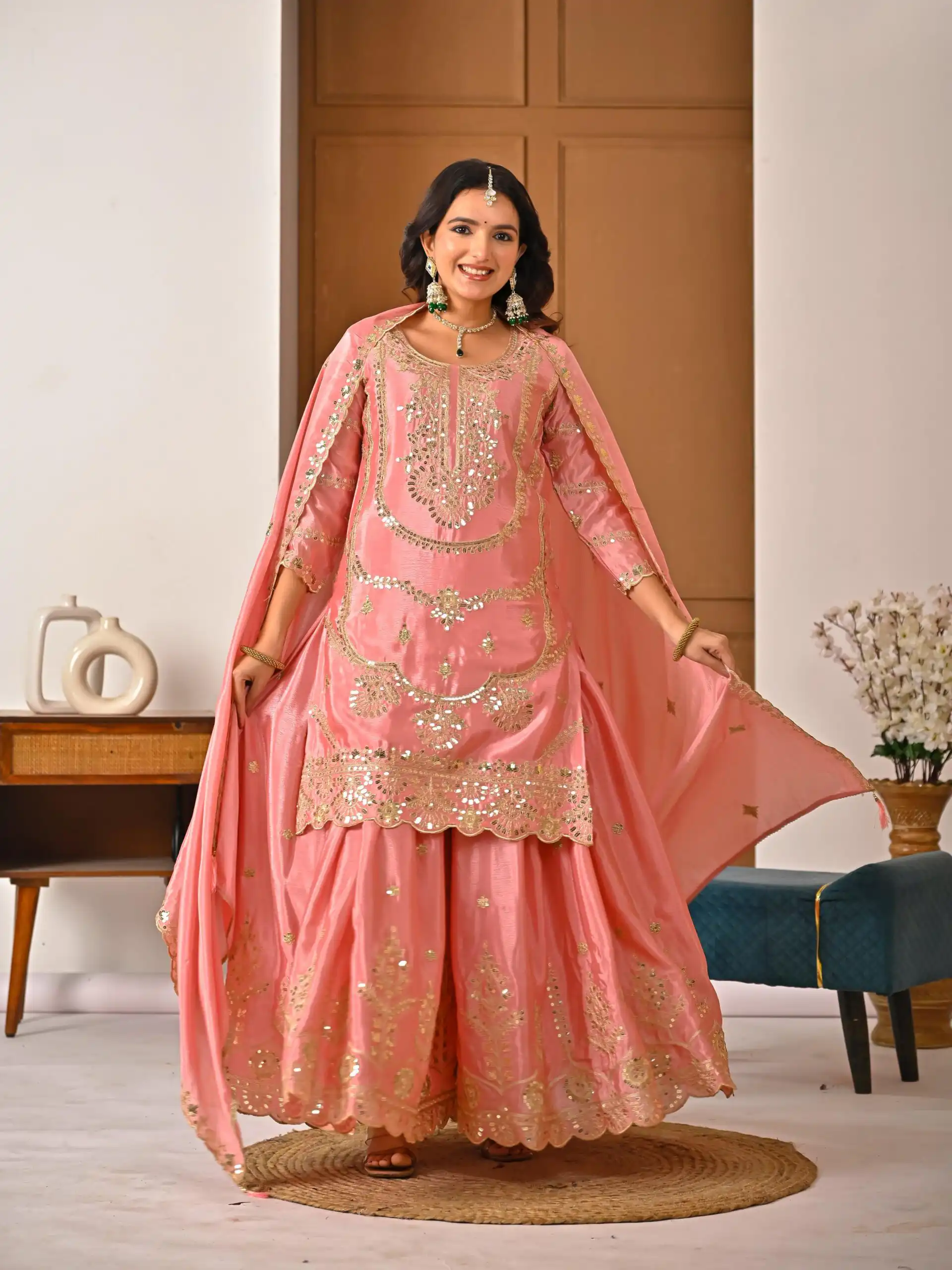 ND 5033 Peach Chinon Silk Salwar Suit with Embroidery Work & Lace Work. Affordable Price ₹2149. Delivery 4-6 Working Days. Shop now. | Jump Suits, Straight Suits, Salwar suit, Designer Suits, Casual Suits, Creative suits, Palazzo Suits, Party Wear Suits, Patiala Suits