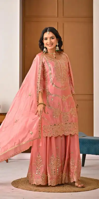 ND 5033 Peach Chinon Silk Salwar Suit with Embroidery Work & Lace Work. Affordable Price ₹2149. Delivery 4-6 Working Days. Shop now. | Jump Suits, Straight Suits, Salwar suit, Designer Suits, Casual Suits, Creative suits, Palazzo Suits, Party Wear Suits, Patiala Suits
