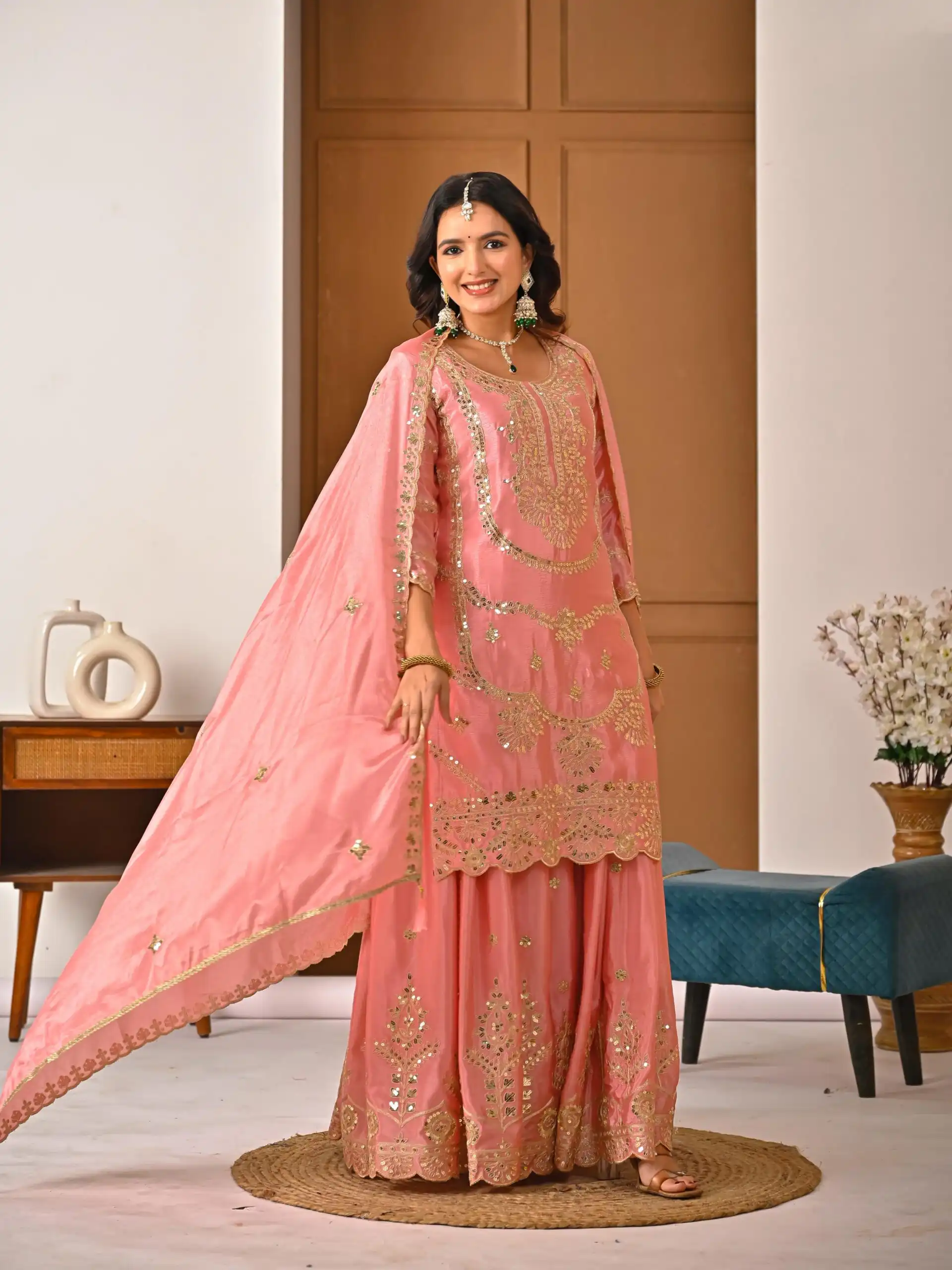 ND 5033 Peach Chinon Silk Salwar Suit with Embroidery Work & Lace Work. Affordable Price ₹2149. Delivery 4-6 Working Days. Shop now. | Jump Suits, Straight Suits, Salwar suit, Designer Suits, Casual Suits, Creative suits, Palazzo Suits, Party Wear Suits, Patiala Suits