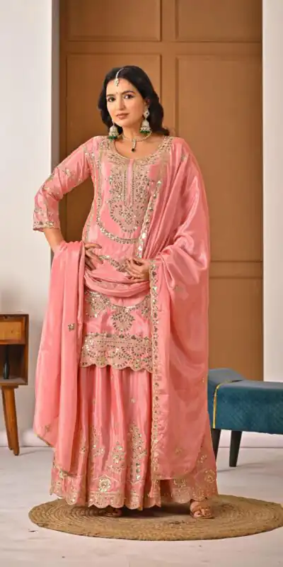 ND 5033 Peach Chinon Silk Salwar Suit with Embroidery Work & Lace Work. Affordable Price ₹2149. Delivery 4-6 Working Days. Shop now. | Jump Suits, Straight Suits, Salwar suit, Designer Suits, Casual Suits, Creative suits, Palazzo Suits, Party Wear Suits, Patiala Suits