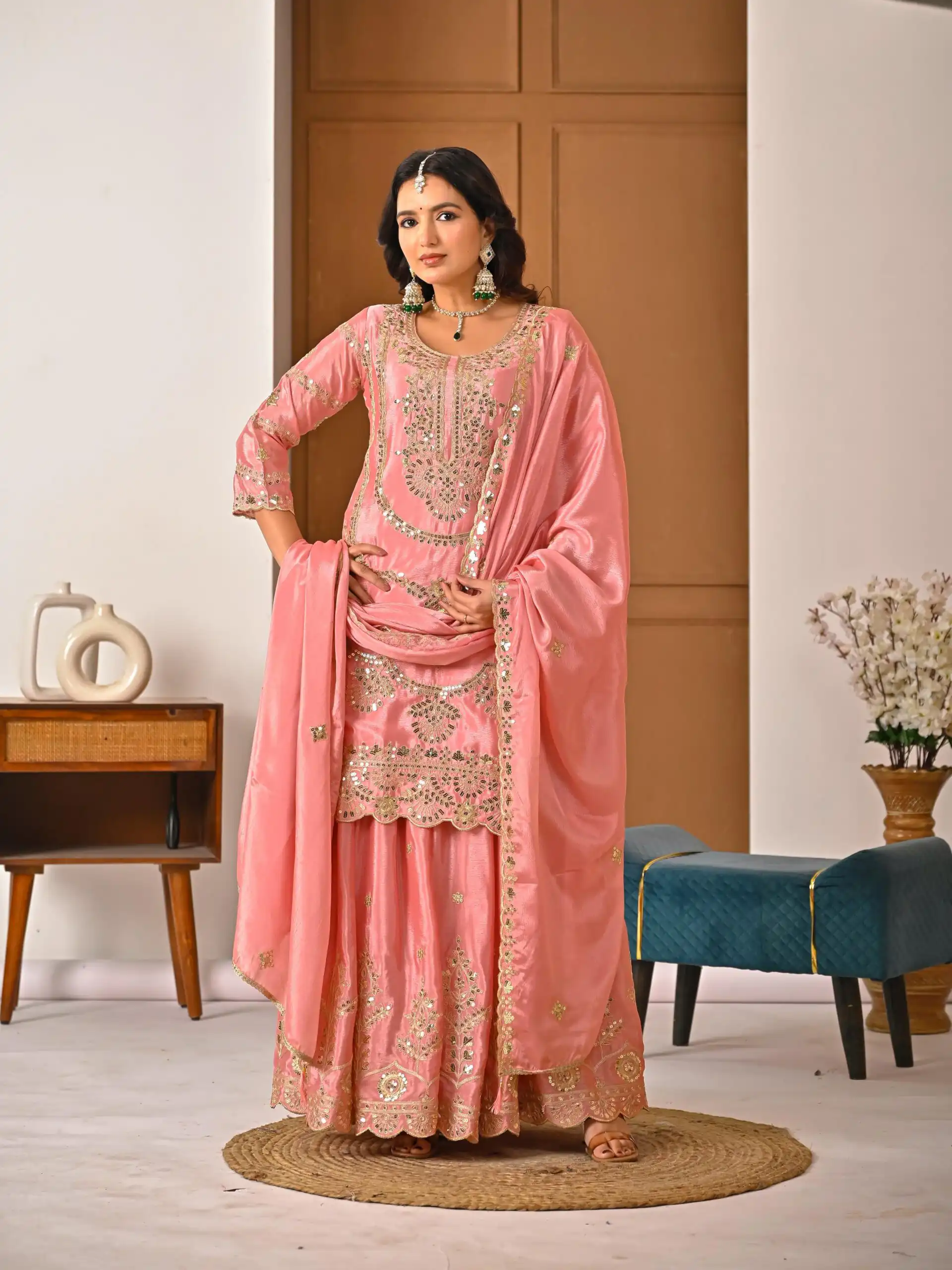 ND 5033 Peach Chinon Silk Salwar Suit with Embroidery Work & Lace Work. Affordable Price ₹2149. Delivery 4-6 Working Days. Shop now. | Jump Suits, Straight Suits, Salwar suit, Designer Suits, Casual Suits, Creative suits, Palazzo Suits, Party Wear Suits, Patiala Suits