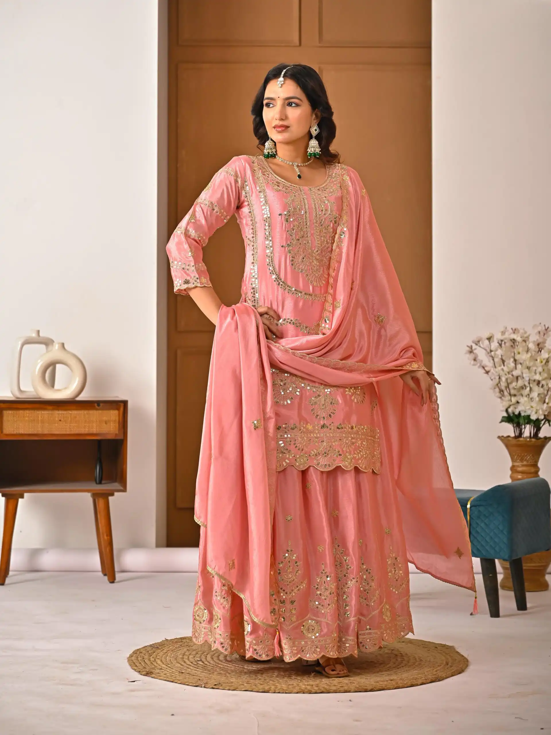 ND 5033 Peach Chinon Silk Salwar Suit with Embroidery Work & Lace Work. Affordable Price ₹2149. Delivery 4-6 Working Days. Shop now. | Jump Suits, Straight Suits, Salwar suit, Designer Suits, Casual Suits, Creative suits, Palazzo Suits, Party Wear Suits, Patiala Suits