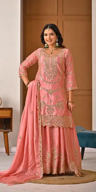 ND 5033 Peach Chinon Silk Salwar Suit with Embroidery Work & Lace Work. Affordable Price ₹2149. Delivery 4-6 Working Days. Shop now. | Jump Suits, Straight Suits, Salwar suit, Designer Suits, Casual Suits, Creative suits, Palazzo Suits, Party Wear Suits, Patiala Suits