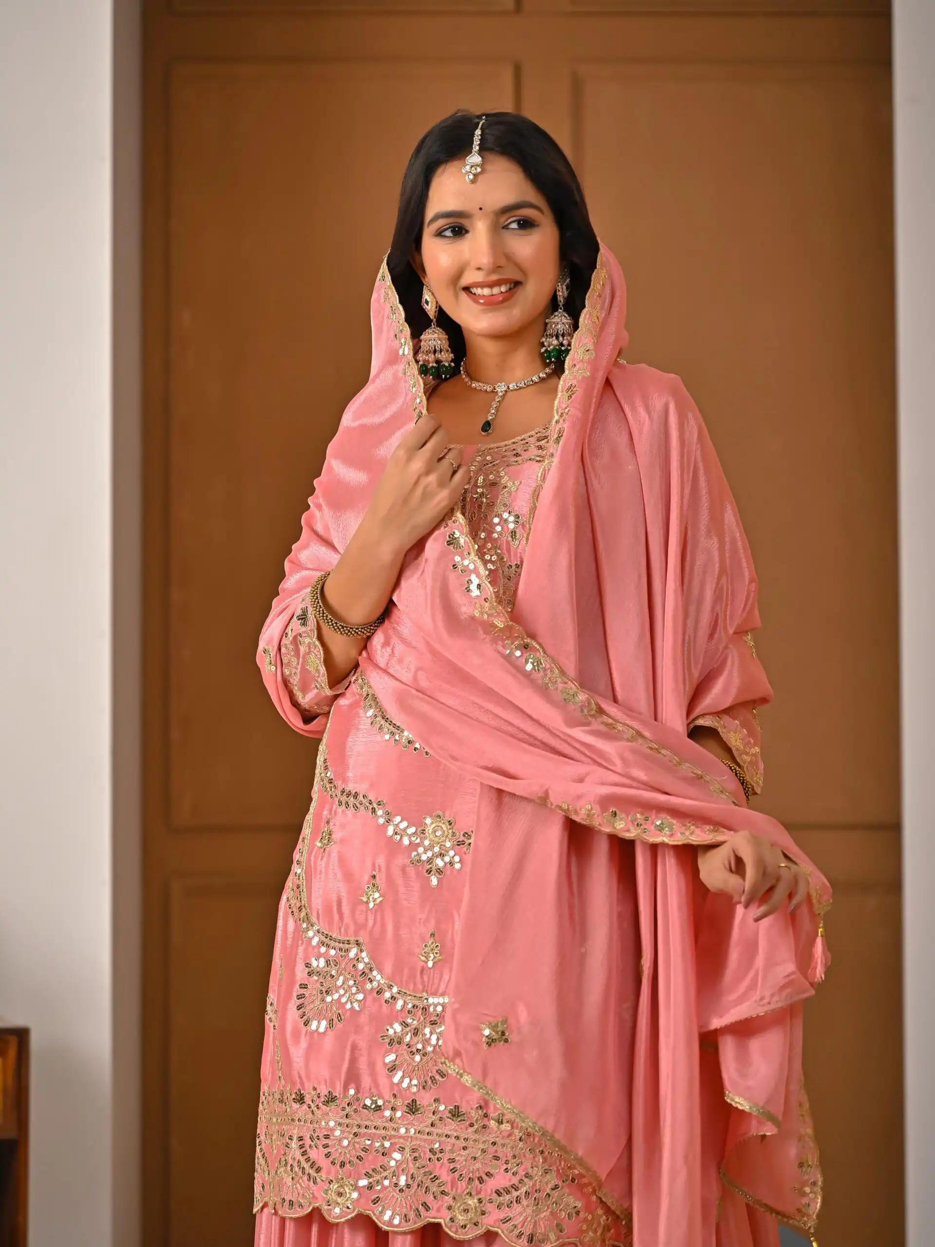ND 5033 Peach Chinon Silk Salwar Suit with Embroidery Work & Lace Work. Affordable Price ₹2149. Delivery 4-6 Working Days. Shop now. | Jump Suits, Straight Suits, Salwar suit, Designer Suits, Casual Suits, Creative suits, Palazzo Suits, Party Wear Suits, Patiala Suits