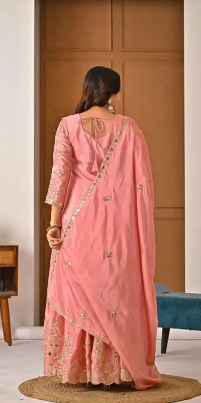 ND 5033 Peach Chinon Silk Salwar Suit with Embroidery Work & Lace Work. Affordable Price ₹2149. Delivery 4-6 Working Days. Shop now. | Jump Suits, Straight Suits, Salwar suit, Designer Suits, Casual Suits, Creative suits, Palazzo Suits, Party Wear Suits, Patiala Suits