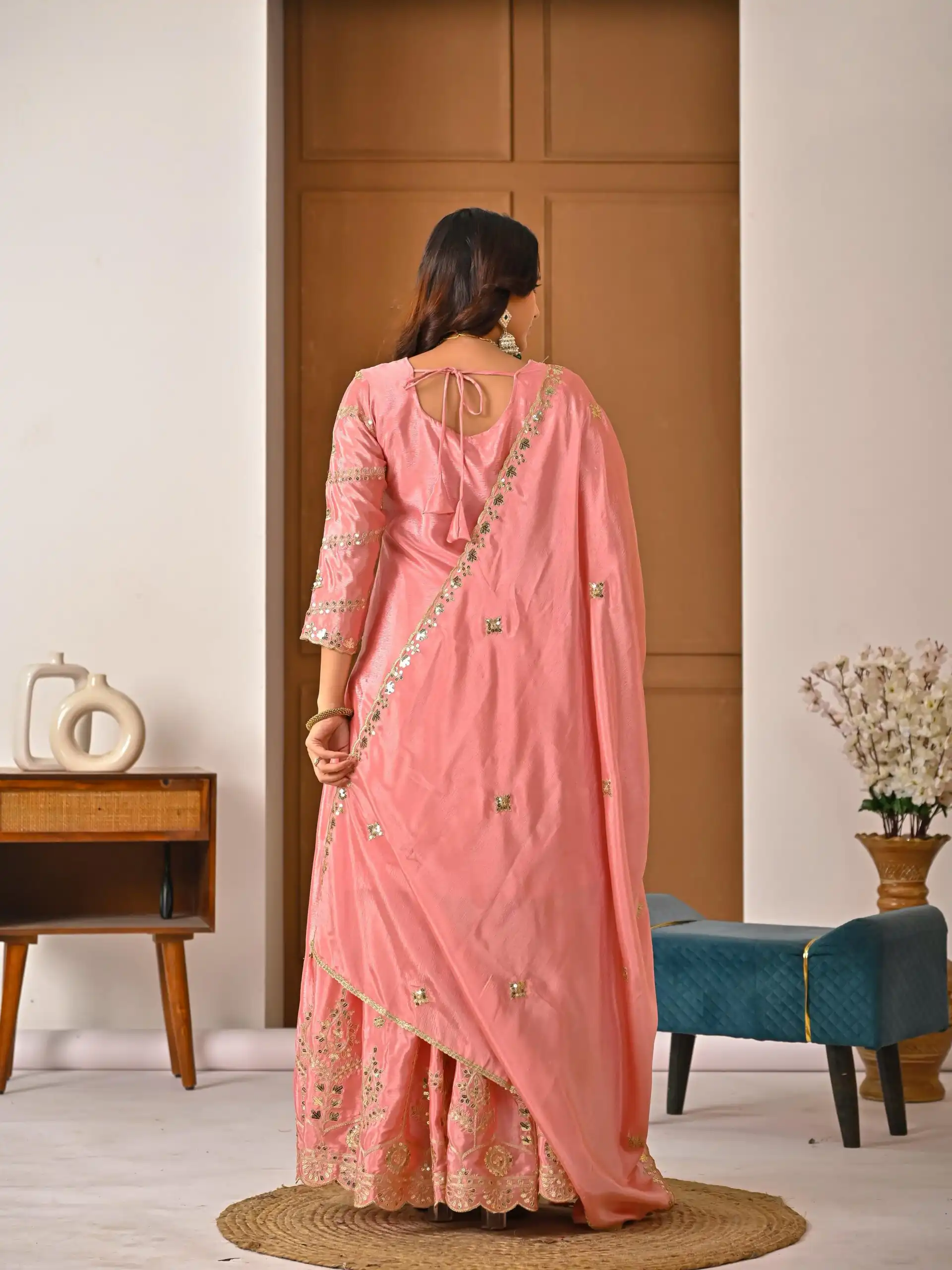 ND 5033 Peach Chinon Silk Salwar Suit with Embroidery Work & Lace Work. Affordable Price ₹2149. Delivery 4-6 Working Days. Shop now. | Jump Suits, Straight Suits, Salwar suit, Designer Suits, Casual Suits, Creative suits, Palazzo Suits, Party Wear Suits, Patiala Suits