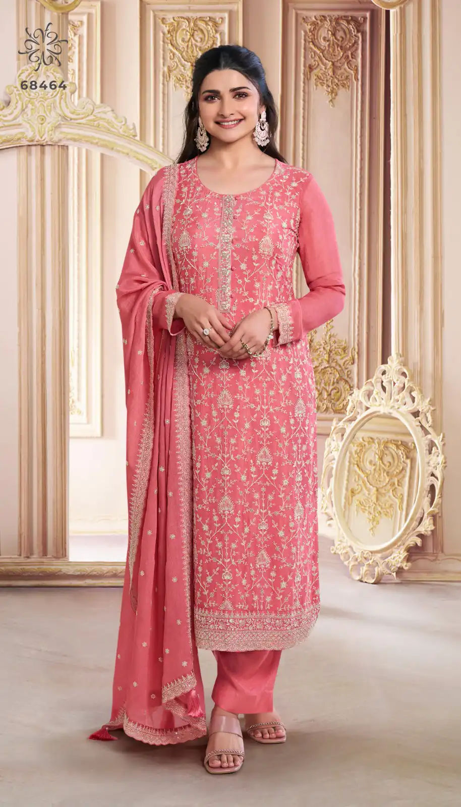 Peach Chinon Zari Embroidery Work Salwar Suit